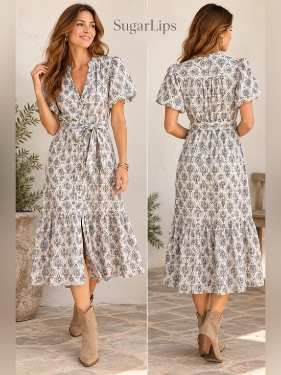 Sugarlips Dresses & Skirts - SugarLips Paisley Cotton Belted Midi Dress Size S Puff Sleeve Button Front